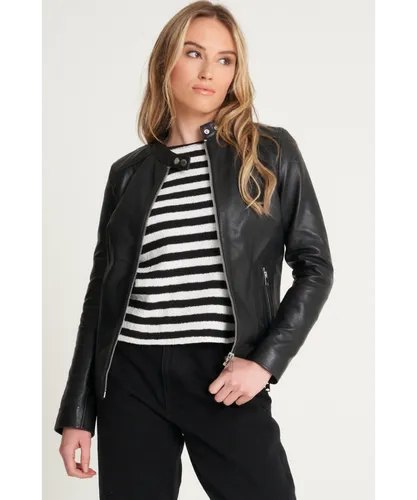 Barneys Originals Womens Real Leather Racer Jacket - Black