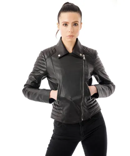 Barneys Originals Womens Ribbed Asymmetric Real Leather Jacket - Black