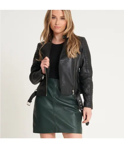 Barneys Originals Womens Ribbed Sleeve Racer Jacket - Black Leather