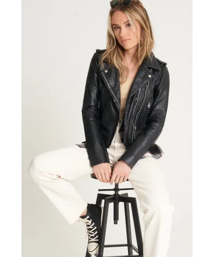 Barneys Originals Womens Tall Beppe Washed Leather Biker Jacket - Black