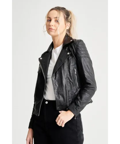 Barneys Originals Womens Tall Grain Detailed Clara Leather Biker Jacket - Black