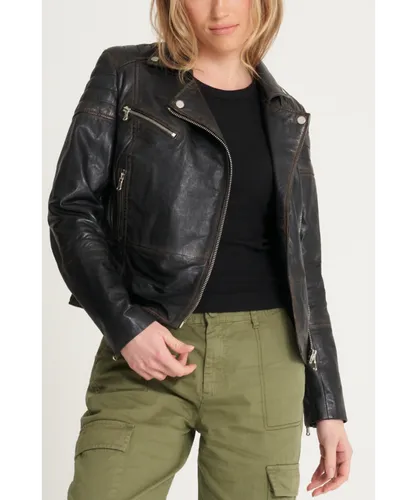 Barneys Originals Womens Tall Washed Leather Biker Jacket - Black