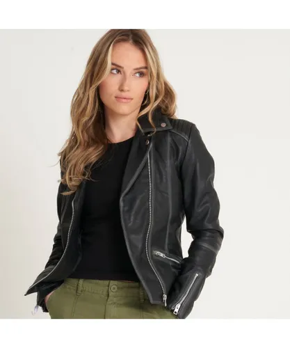Barneys Originals Womens Washed Grey Ribbed Biker Jacket - Black Leather