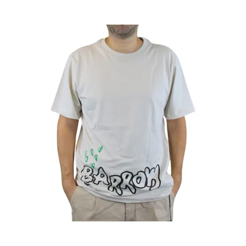 Barrow , Beige Short Sleeve T-Shirt with Front Letters and Back Print ,White male, Sizes: