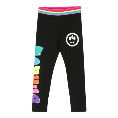Barrow , Black Trousers with Multicolor Striped Waistband and White Smile Print ,Black female, Sizes: