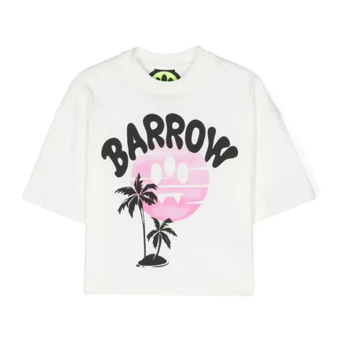 Barrow , White Cotton T-shirt with Logo and Palm Print ,White female, Sizes: