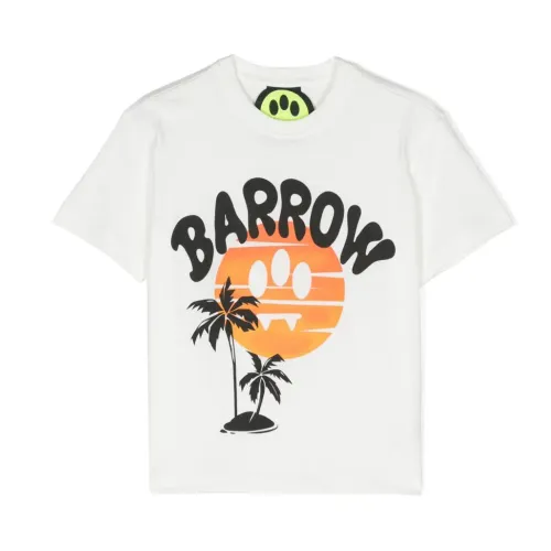 Barrow , White Cotton T-shirt with Logo Print and Palm Design ,White male, Sizes: