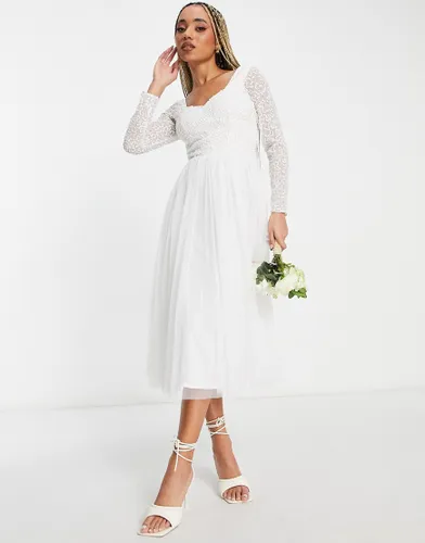 Beauut Bridal emellished bodice midi skater dress with tulle in white