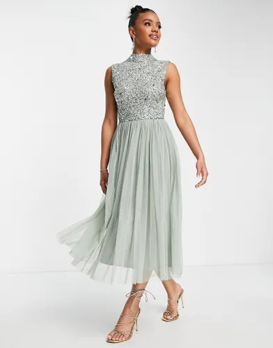 Beauut Bridesmaid 2 in 1 embellished midi dress with full tulle skirt in sage-Green