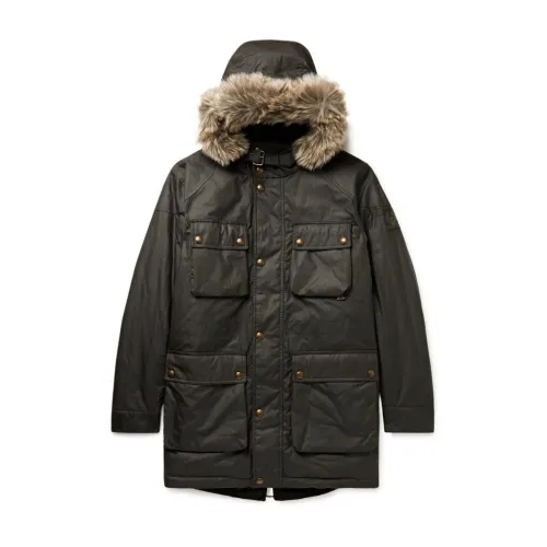 Belstaff , Quilted Long Sleeve Parka with Detachable Faux Leather Trim ,Green male, Sizes: