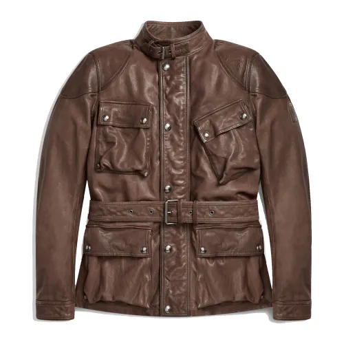 Belstaff , Speedmaster Jacket in Matte Brown Burnished Leather ,Brown male, Sizes: