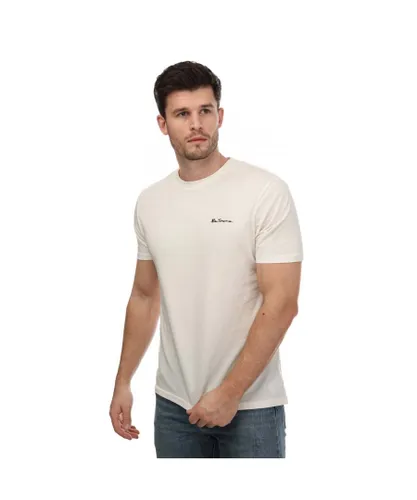 Ben Sherman Mens Script Logo T-Shirt in Ivory - Cream Cotton