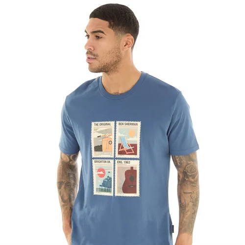 Ben Sherman Mens Travel Stamps T-Shirt Blue Denim