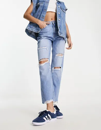 Bershka comfort fit mom jean with rips in light blue