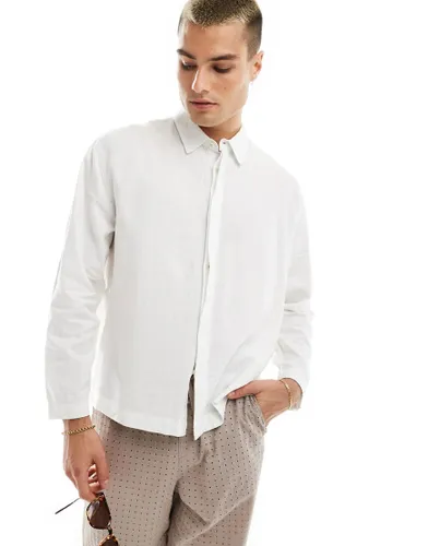 Bershka linen rustic long sleeve shirt in white