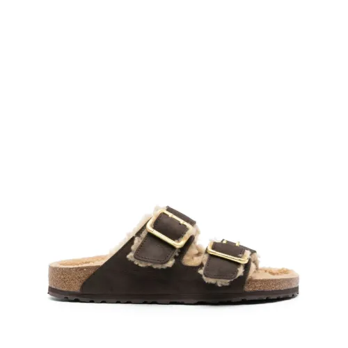 Birkenstock , Coffee Brown Shearling Double-Strap Sandals ,Brown male, Sizes: