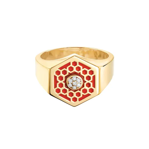 Birks Bee Chic Red Enamel And Diamond Hexagon Signet Ring - Ring Size N