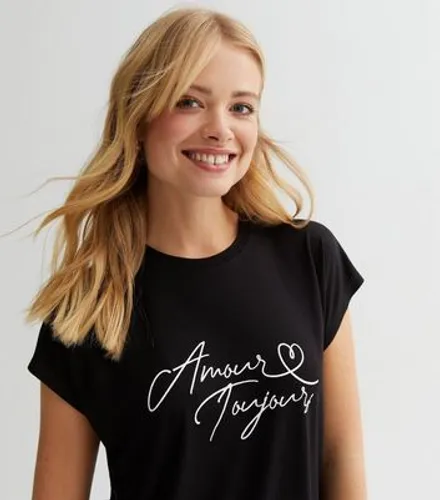 Black Amour Toujours Heart Logo Longline T-Shirt New Look