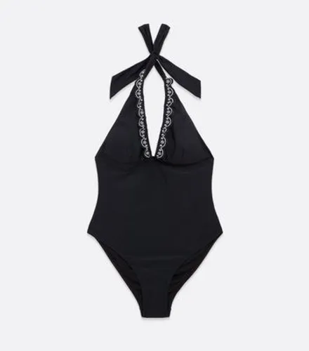 Black Broderie Frill Halter Swimsuit New Look