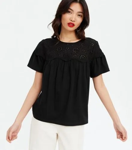 Black Broderie Panel T-Shirt New Look