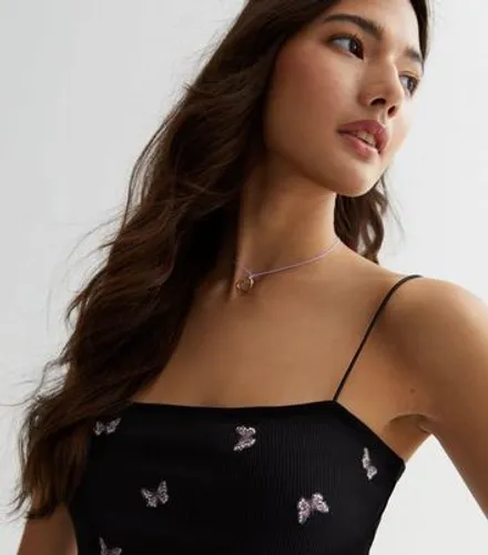 Black Butterfly Embroidered Strappy Crop Top New Look