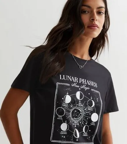 Black Cotton Lunar Phases Logo T-Shirt New Look