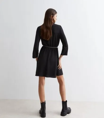 Black Crinkle Rope Belt Mini Shirt Dress New Look