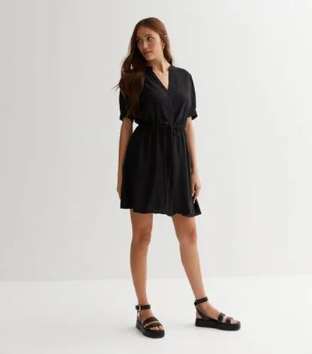 Black Denim-Look Drawstring Mini Shirt Dress New Look