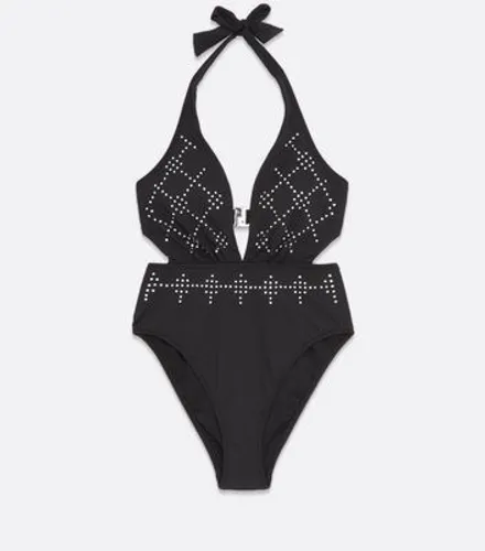 Black Diamanté Plunge Swimsuit New Look