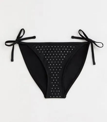 Black Diamanté Tie Side Bikini Bottoms New Look
