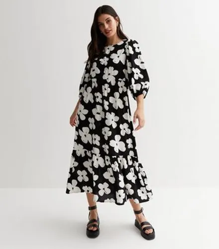 Black Floral 3/4 Puff Sleeve Tiered Midi Dress New Look