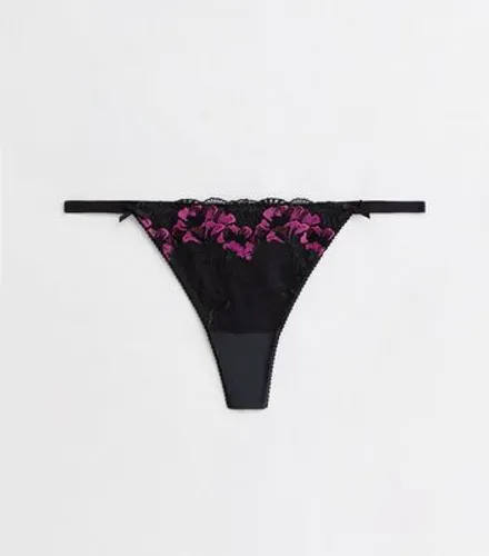 Black Floral Glitter Embroidered Thong New Look