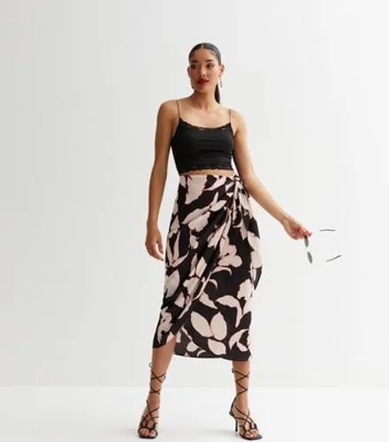 Black Floral Satin Wrap Sarong Midi Skirt New Look