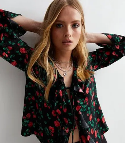 Black Floral Tie Front Ruffle Crop Blouse New Look