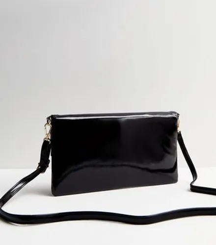 Black Foldover Patent Clutch Bag New Look