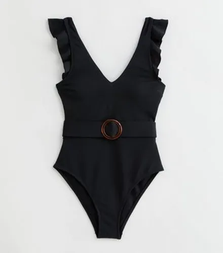 Black Frill Belted Swimsuit New Look