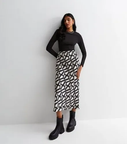 Black Geometric Print Satin Bias Cut Midi Skirt New Look