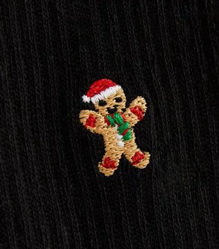Black Gingerbread Embroidered Christmas Tube Socks New Look