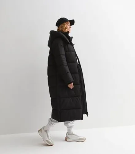 Black Hooded Longline Puffer Coat New Look