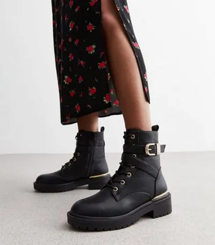 Black Leather-Look Buckle Chunky Biker Boots New Look