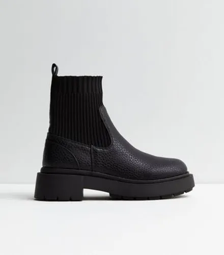 Black Leather-Look Chunky Chelsea Knit Sock Boots New Look
