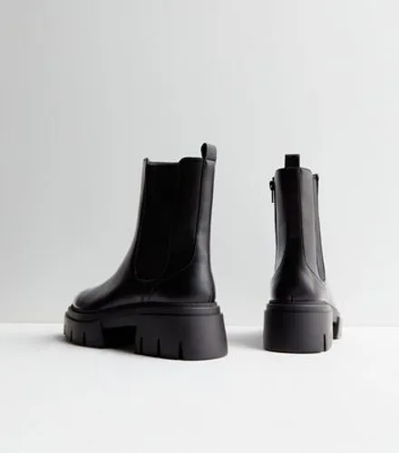 Black Leather-Look Chunky Cleated Sole Chelsea Boots New Look