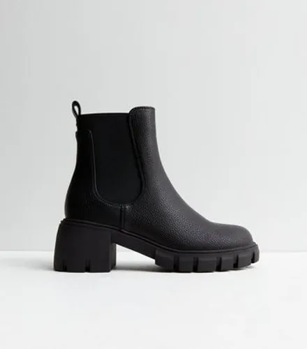 Black Leather-Look Cleated Block Heel Chelsea Boots New Look