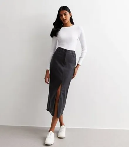Black Leather-Look Coated Split Hem Midi Skirt New Look