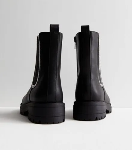 Black Leather-Look Diamanté Trim Chelsea Boots New Look