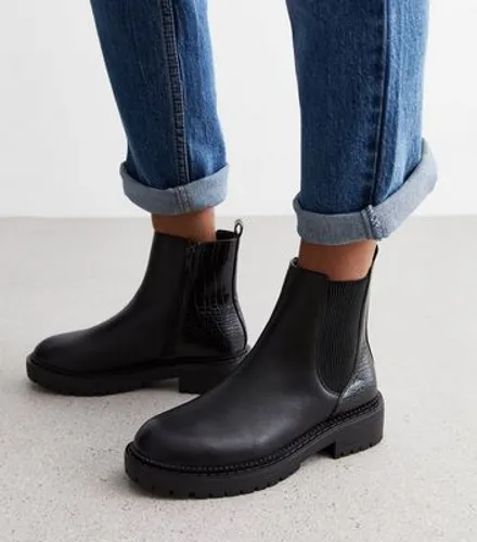 Black Leather-Look Faux Croc Chunky Chelsea Boots New Look