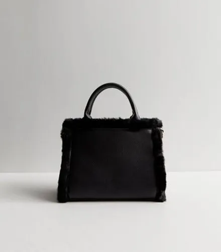 Black Leather-Look Faux Fur Trim Mini Tote Bag New Look Vegan