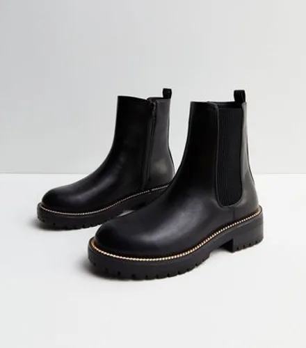 Black Leather-Look Gold Trim Chelsea Boots New Look