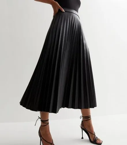 Black Leather-Look Pleated High Waist Midi Skirt New Look