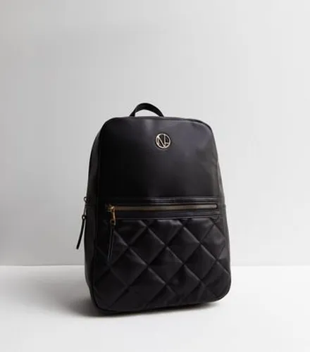 Black Leather-Look Quilted Pocket Front Backpack New Look Vegan